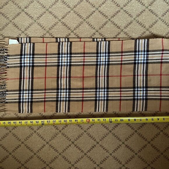 Scarf Muffler with camel, black, and red striped plaid design with fringe - Picture 3 of 4
